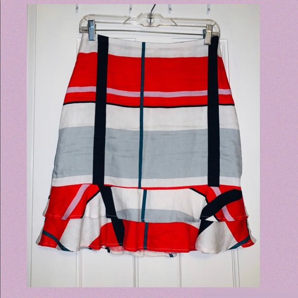 Ann Taylor Linen Skirt With Ruffle Plaid Orange Navy - Picture 2 of 3